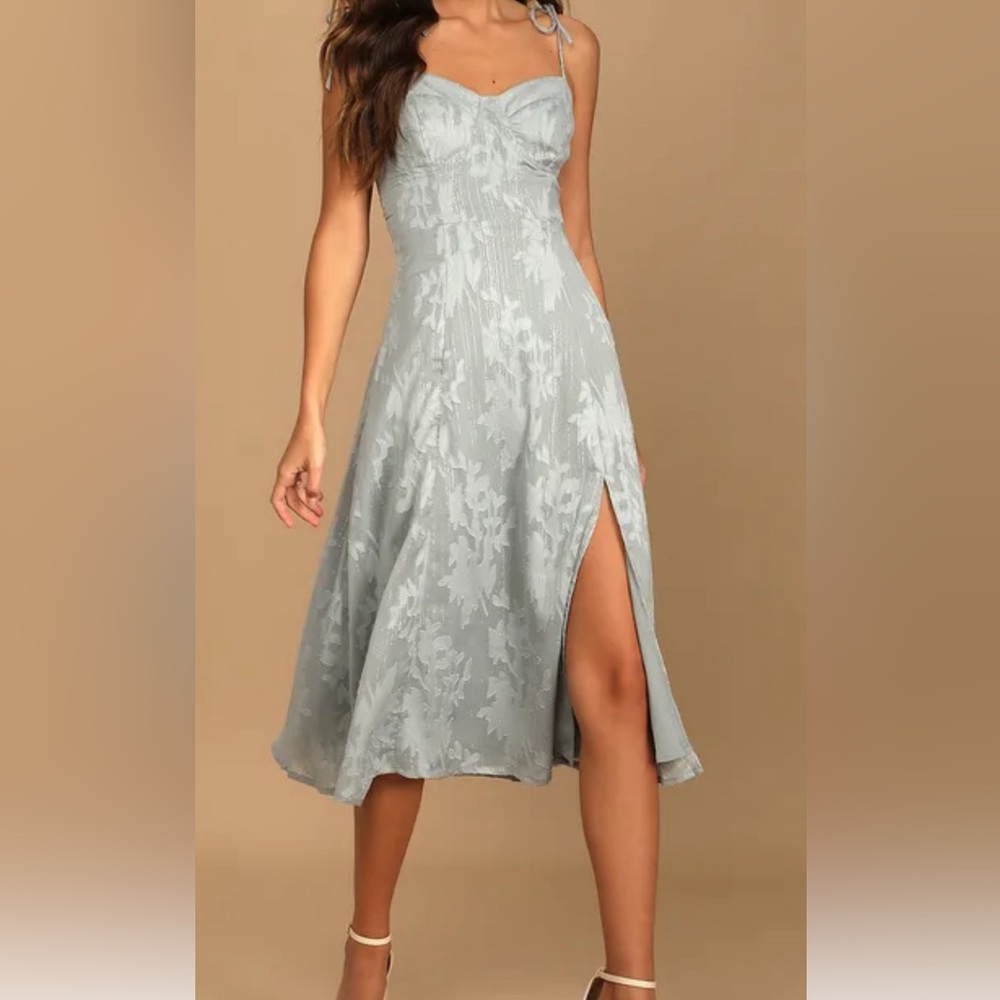 Lulu’s Loveliest Looks Dusty Blue Floral Jacquard Tie-Strap Midi Dress Size XL